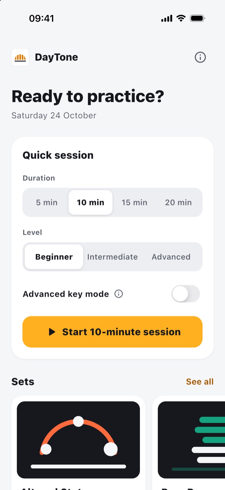 The DayTone home screen: a quick session of 10 minutes at beginner level, ready to start, with sets below.