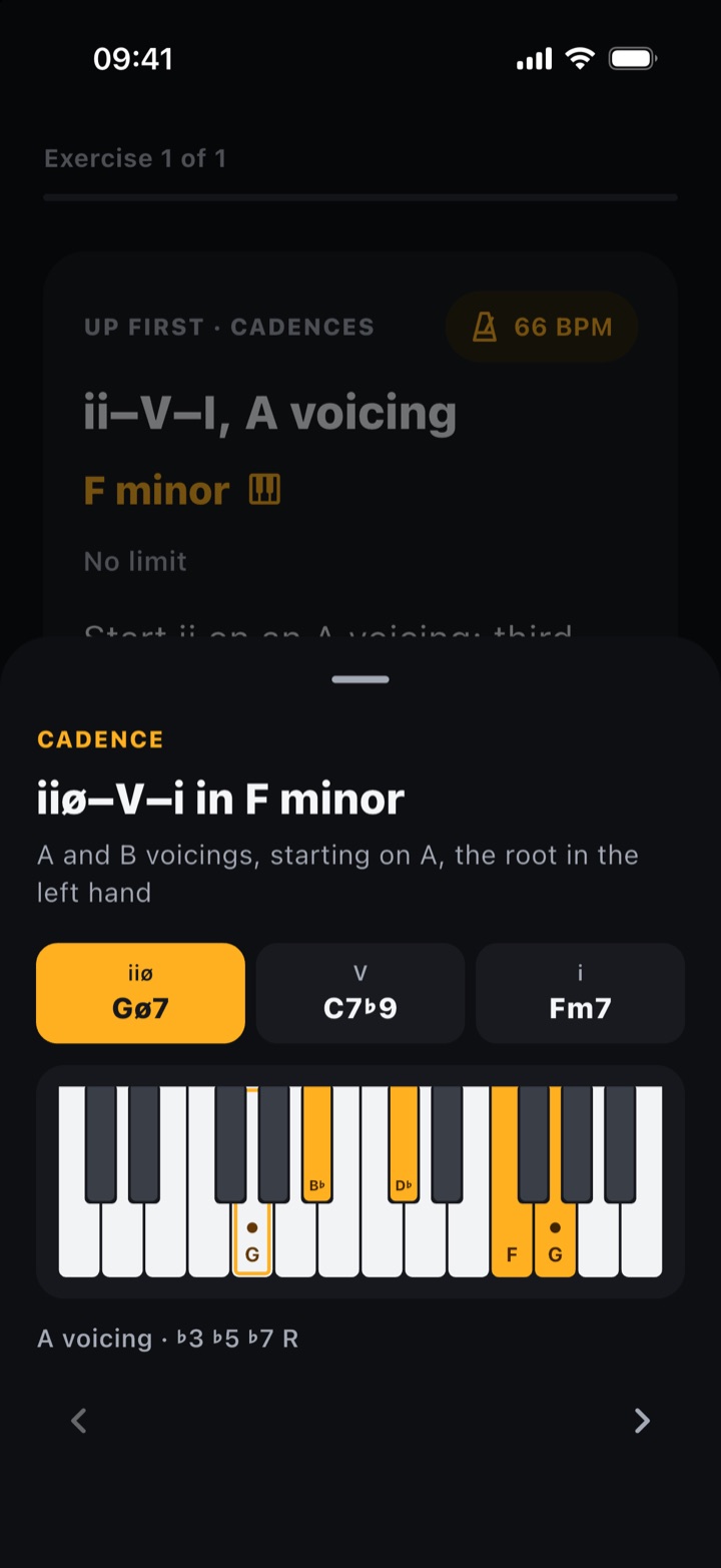 The notes sheet: a iiø–V–i in F minor on a keyboard, the G half-diminished chord in an A voicing.